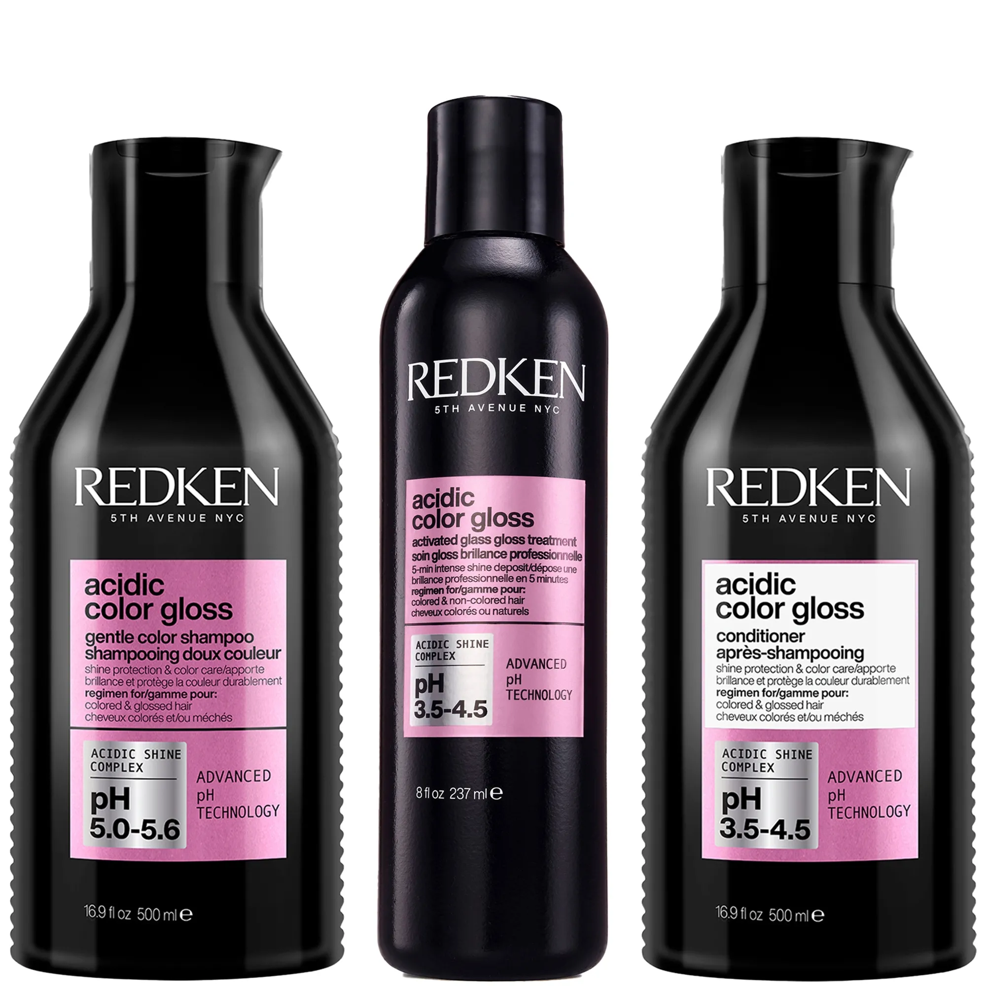 Redken Acidic Color Gloss Sulphate-Free Shampoo 500ml, Activated Glass Gloss Treatment 237ml and Conditioner 500ml Bundle