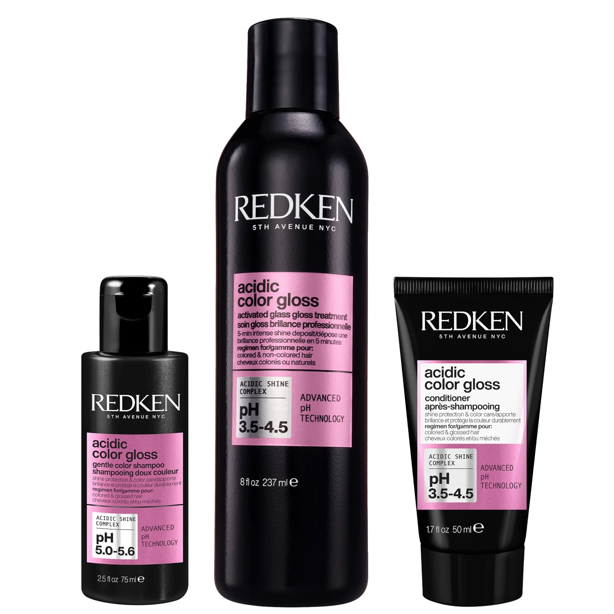 Redken Acidic Color Gloss Shampoo Mini 75ml, Activated Glass Gloss Treatment 237ml and Conditioner Mini 50ml