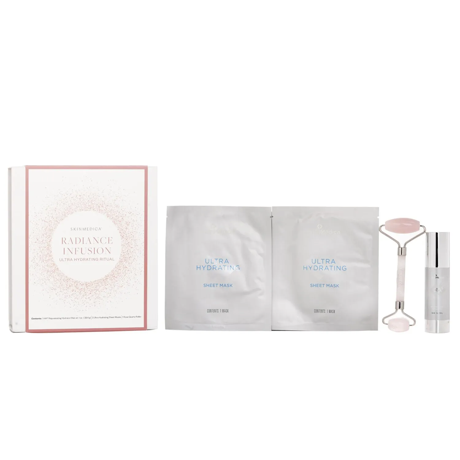 Set Radiance Infusion Ultra Hydrating Ritual: HA Hidratante Rejuvenecedor 28.4g + Mascarilla en Hojas Ultra Hidratante 2pzs + Rose Quartz Roller