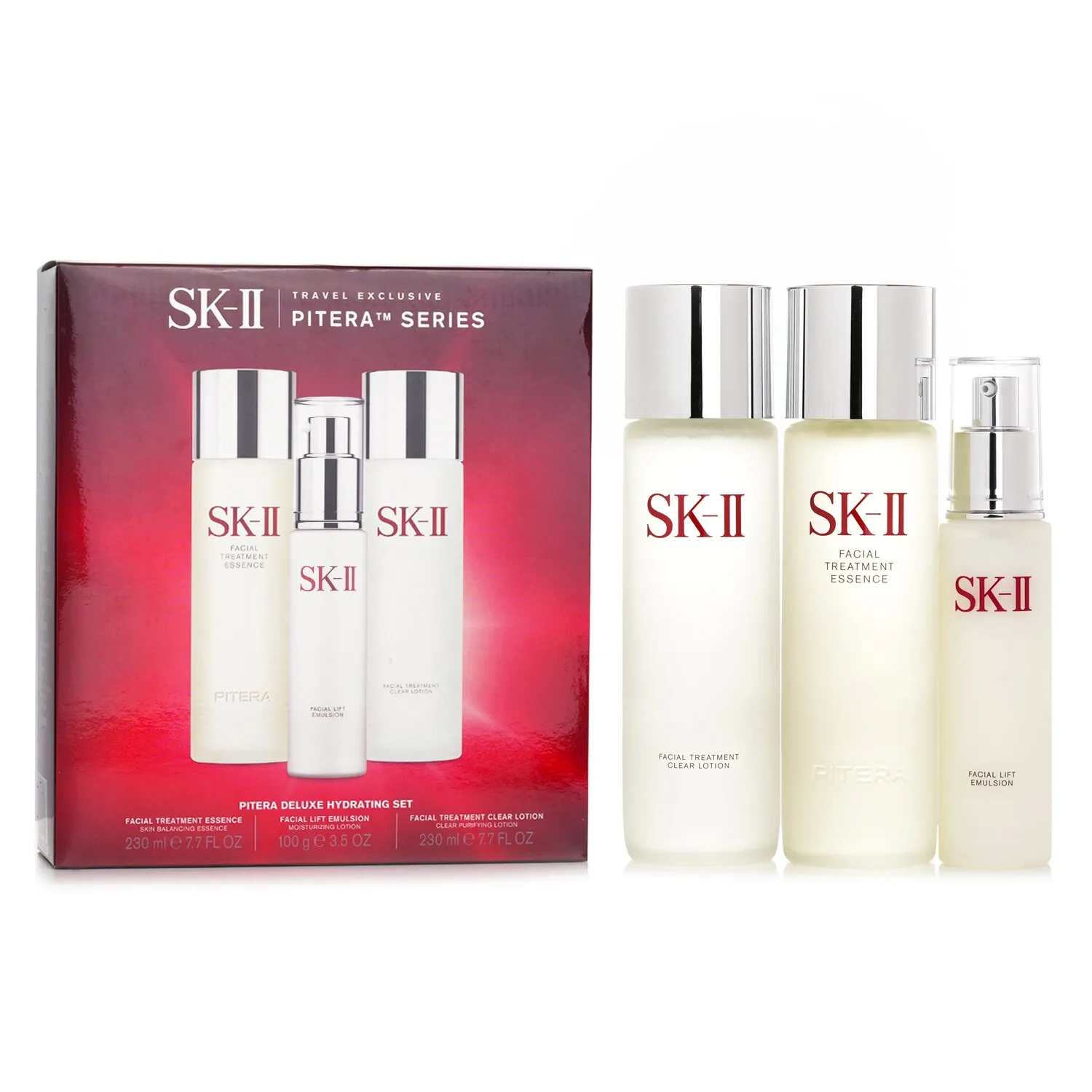 Set Pitera Deluxe Hydrating 3-Piezas: Esencia Tratamiento Facial 230ml + Emulsión Levante Facial 100g + Loción Aclarante Tratamiento Facial 230ml