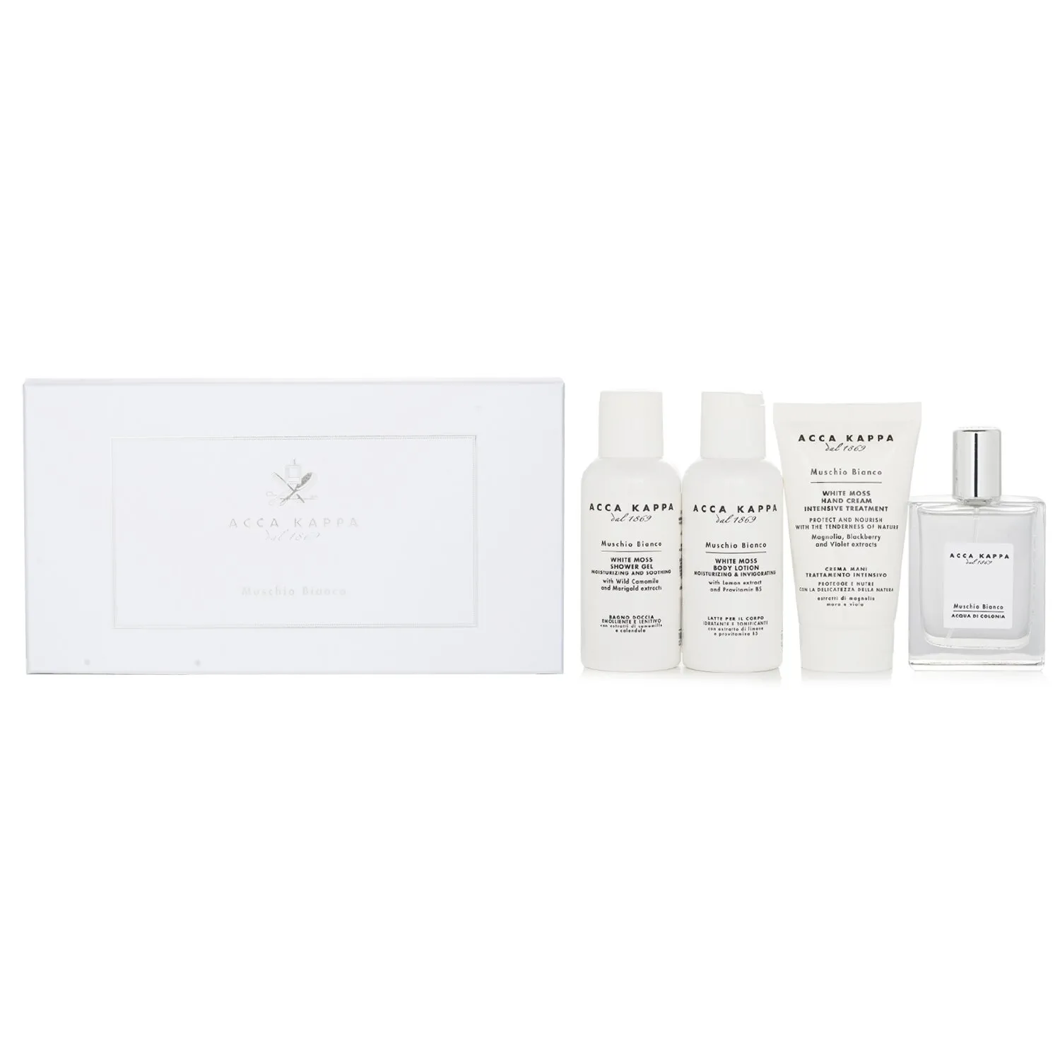 Set de regalo White Moss: 1 Agua de Colonia en spray de 50 ml, 1 Gel de ducha de 100 ml, 1 Loción corporal de 100 ml, 1 Crema de manos de 75 ml
