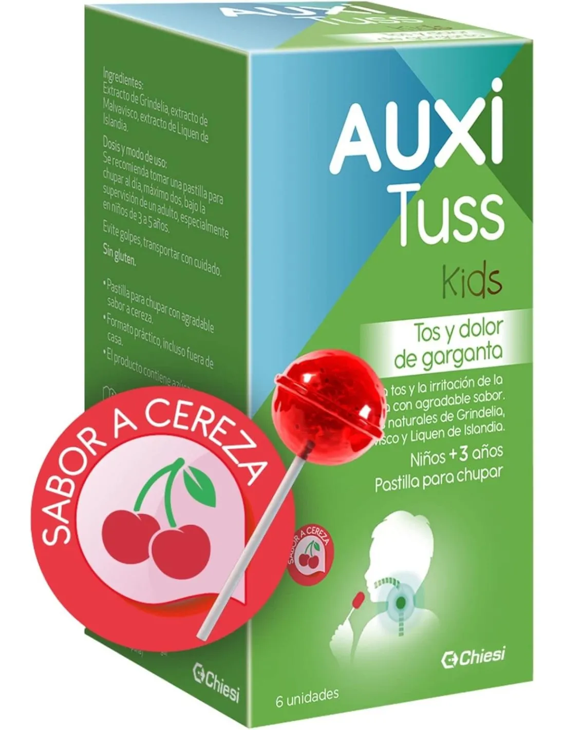 AUXI Tuss Kids Tos y Dolor de Garganta Sabor Cereza 6 Pastillas