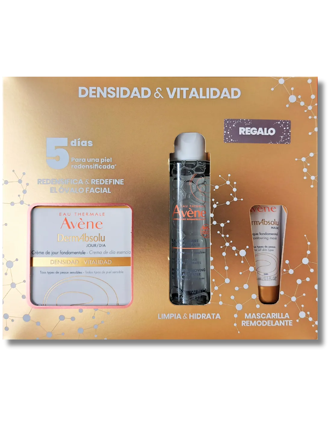 Avene Dermabsolu Crema de Día Esencial 40 ml, Agua Micelar 100 ml y Mascarilla Remodelante 15 ml