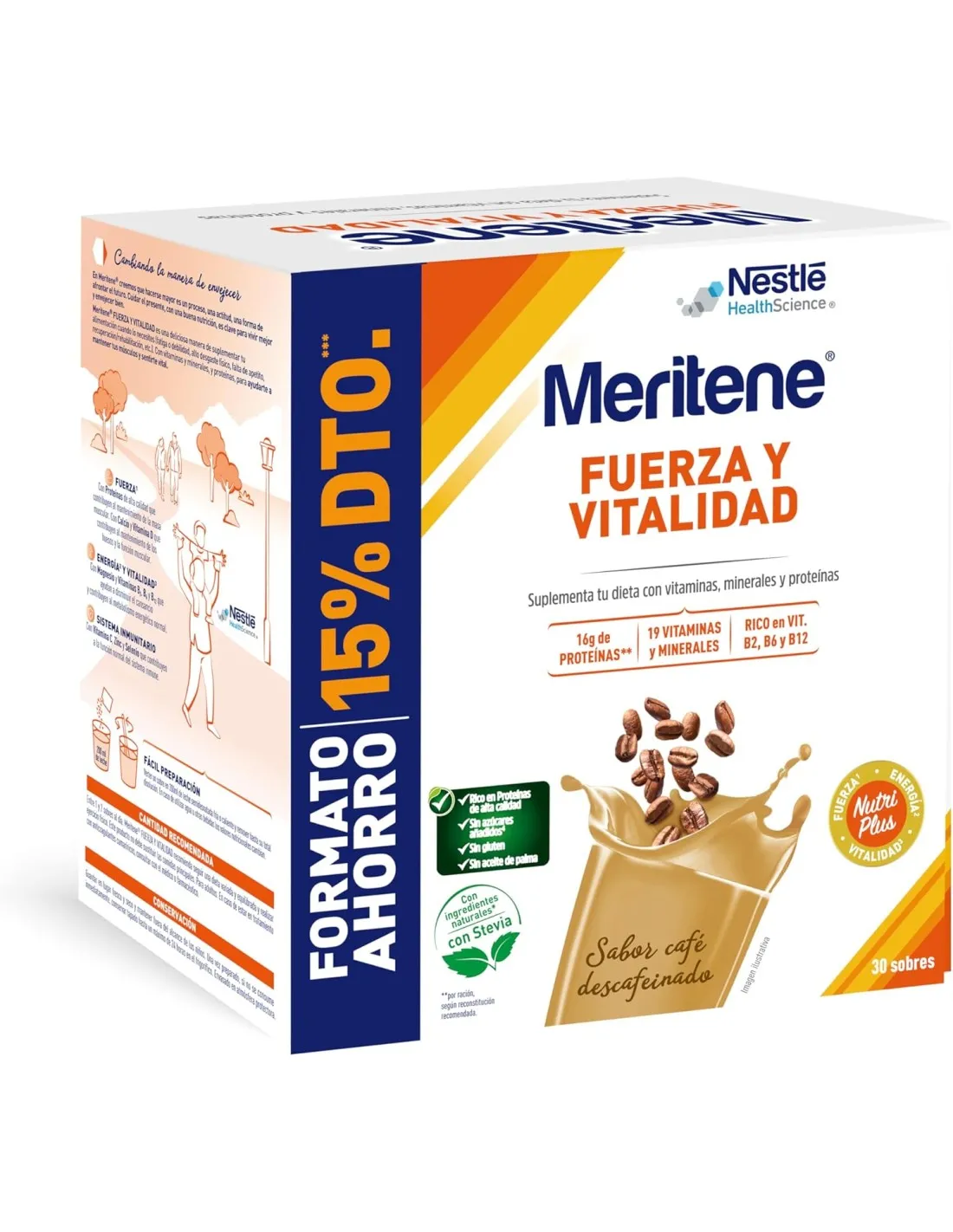 Meritene Fuerza y Vitalidad Sabor Café Descafeinado 30 Sobres