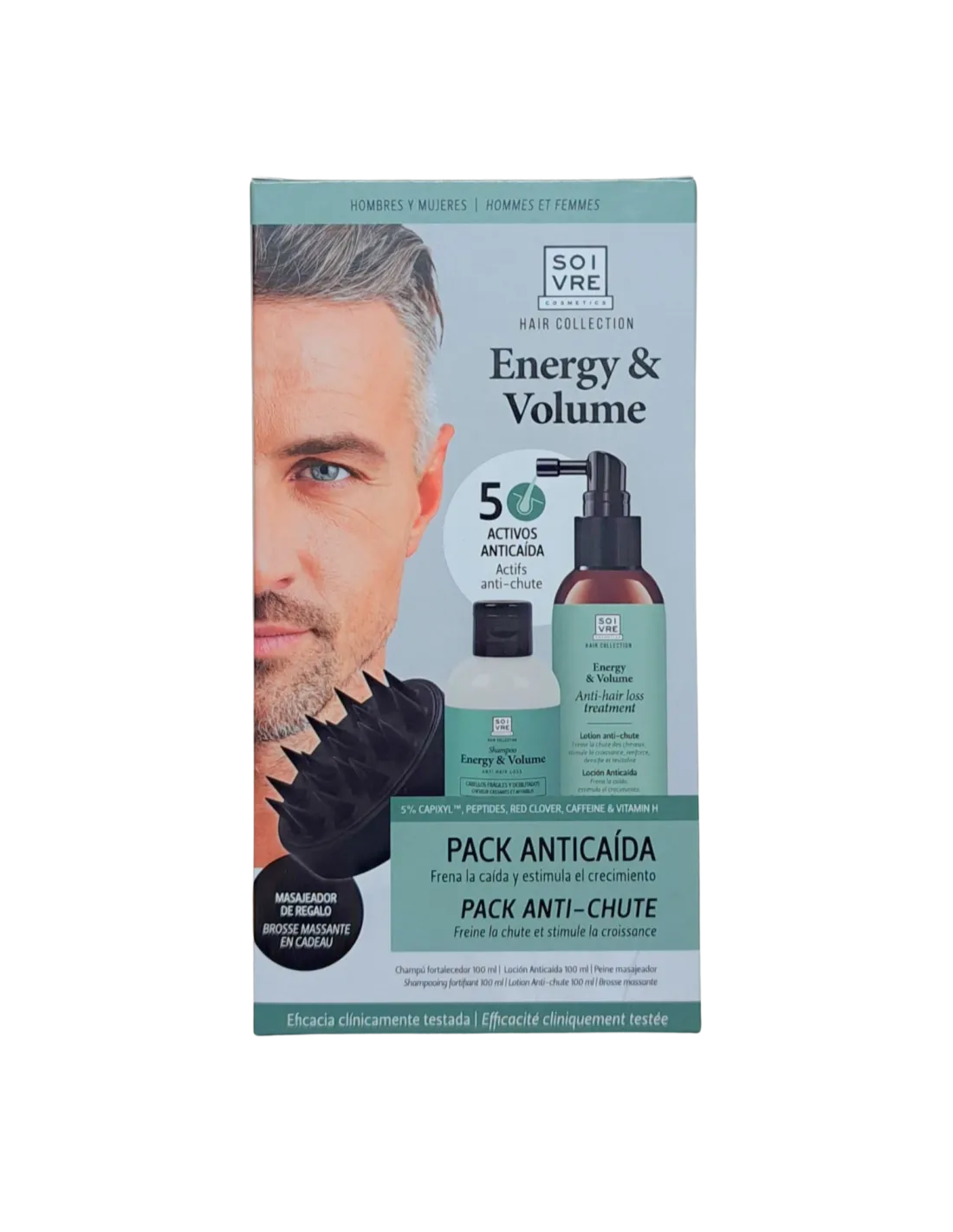SOIVRE Pack Energía & Volumen Anticaída Shampoo 100 ml + Loción 100 ml + Peine Masajeador