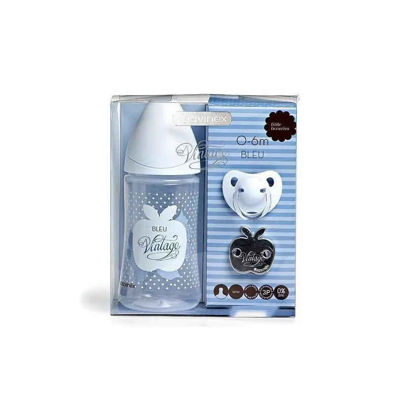 Suavinex Pack Chupete Látex con Broche + Biberón Tetina 3 Posiciones 0-6 Meses Azul